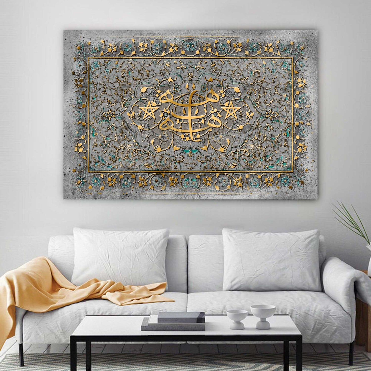 This canvas wall art showcases the Baha'i ringstone symbol, depicting interconnectedness and unity through two stars and overlapping circles. It embodies Baha'i principles of harmony, love, and unity, serving as a beautiful reminder for any home or office. The intricate calligraphy and design inspire a sense of oneness and connectedness with the universe.