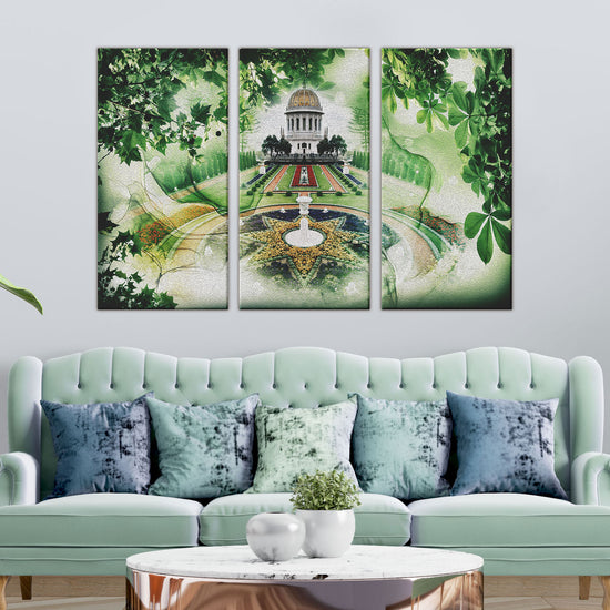 Modern Baha'i Wall Art, baha'i Prayers, Baha'i Temple, Baha'i Quotes, Baha'i Writings - The Shrine of the Báb - Bathed in light, each and every night, the Shrine of the Báb is a singular point of attraction on Mount Carmel in the Holy Land. Baha'i Art, Baha'i Digital Art, Baha'i Calligraphy, Baha'i Artwork, Baha'i Wall Art, Baha'i Calligraphy Wall Art,